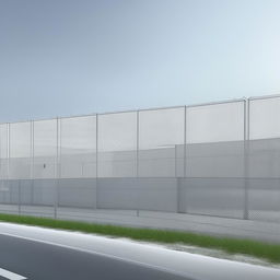 front view of gauze perimeter fence by paved road of futuristic maximum-security penitentiary with cameras in broad daylight based on https://files.dreamhome.software/files/static/37174