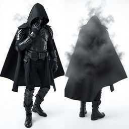 A DJ man dressed entirely in black, showcasing futuristic armor, black pants, black boots, and a long black coat