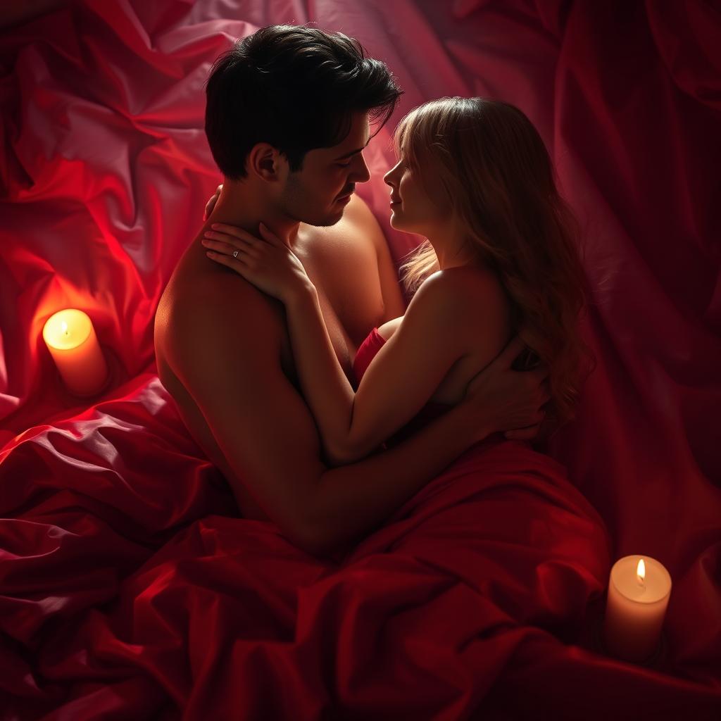 A sensual and intimate setting featuring a couple in a passionate embrace, surrounded by soft candlelight and lush red silk sheets