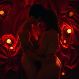 A sensual and intimate setting featuring a couple in a passionate embrace, surrounded by soft candlelight and lush red silk sheets