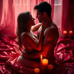 A sensual and intimate setting featuring a couple in a passionate embrace, surrounded by soft candlelight and lush red silk sheets