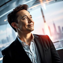 A futuristic portrait of a charismatic male tech entrepreneur, inspired by Elon Musk, standing confidently in a sleek, high-tech environment
