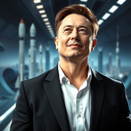 A futuristic portrait of a charismatic male tech entrepreneur, inspired by Elon Musk, standing confidently in a sleek, high-tech environment