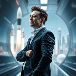 A futuristic portrait of a charismatic male tech entrepreneur, inspired by Elon Musk, standing confidently in a sleek, high-tech environment