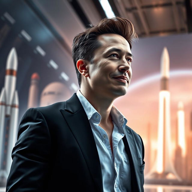 A futuristic portrait of a charismatic male tech entrepreneur, inspired by Elon Musk, standing confidently in a sleek, high-tech environment