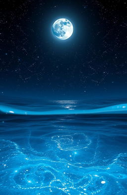A fantastical landscape blending elements of stardust and seawater, where shimmering particles of stardust float above a serene ocean