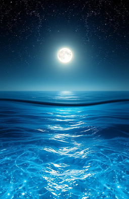A fantastical landscape blending elements of stardust and seawater, where shimmering particles of stardust float above a serene ocean