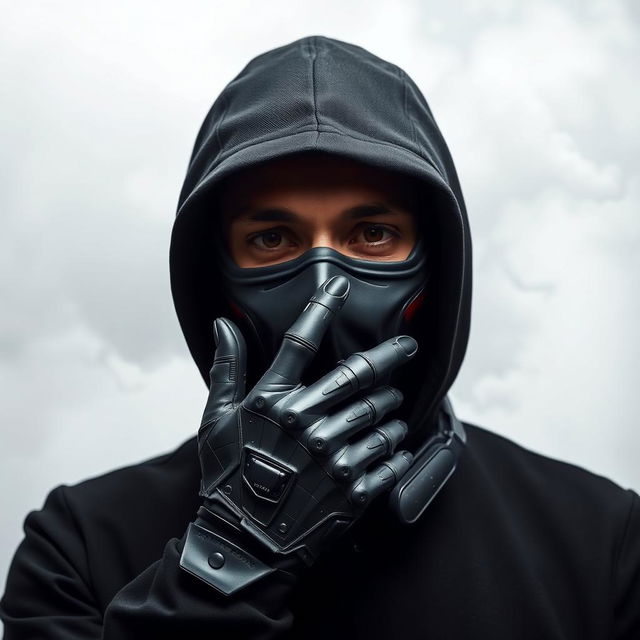 A DJ man wearing a mysterious mask and a futuristic grey iron glove