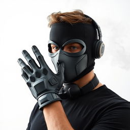 A DJ man wearing a mysterious mask and a futuristic grey iron glove