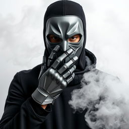 A DJ man wearing a mysterious mask and a futuristic grey iron glove