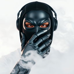 A DJ man wearing a mysterious mask and a futuristic grey iron glove