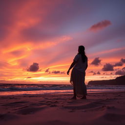 A couple standing on a beach, gazing at a stunning sunset