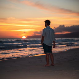 A couple standing on a beach, gazing at a stunning sunset
