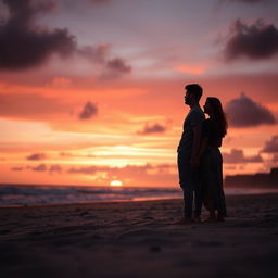 A couple standing on a beach, gazing at a stunning sunset