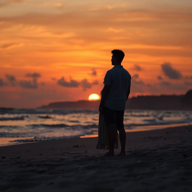 A couple standing on a beach, gazing at a stunning sunset