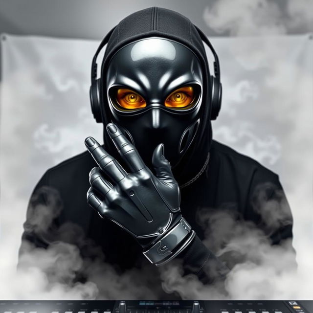 A DJ man wearing a mysterious mask with glossy yellow eyes, complemented by a futuristic grey iron glove