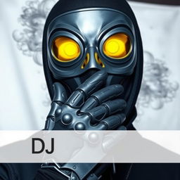 A DJ man wearing a mysterious mask with glossy yellow eyes, complemented by a futuristic grey iron glove