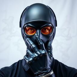 A DJ man wearing a mysterious mask with glossy yellow eyes, complemented by a futuristic grey iron glove