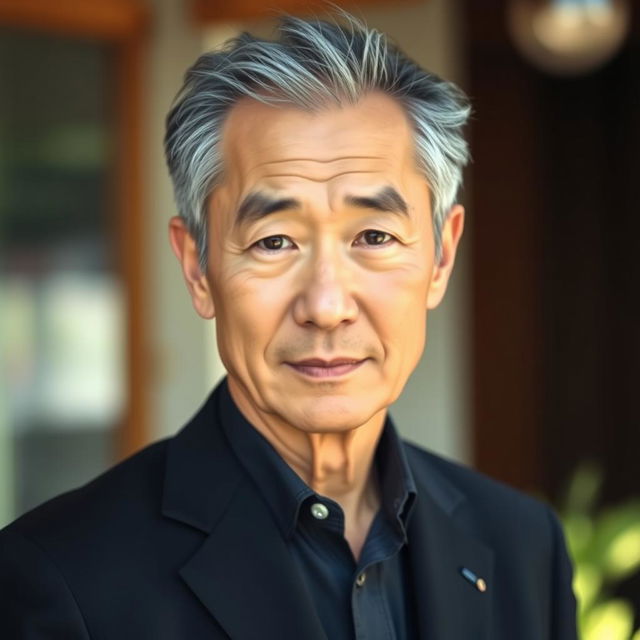 A portrait of a Japanese man in his 50s with a long face and small eyes, exhibiting a dignified expression