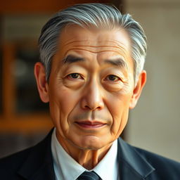 A portrait of a Japanese man in his 50s with a long face and small eyes, exhibiting a dignified expression