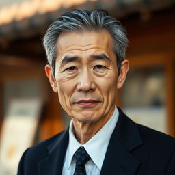 A portrait of a Japanese man in his 50s with a long face and small eyes, exhibiting a dignified expression