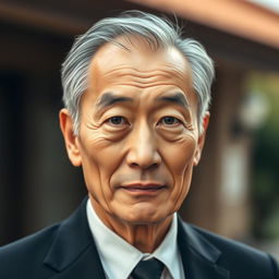 A portrait of a Japanese man in his 50s with a long face and small eyes, exhibiting a dignified expression