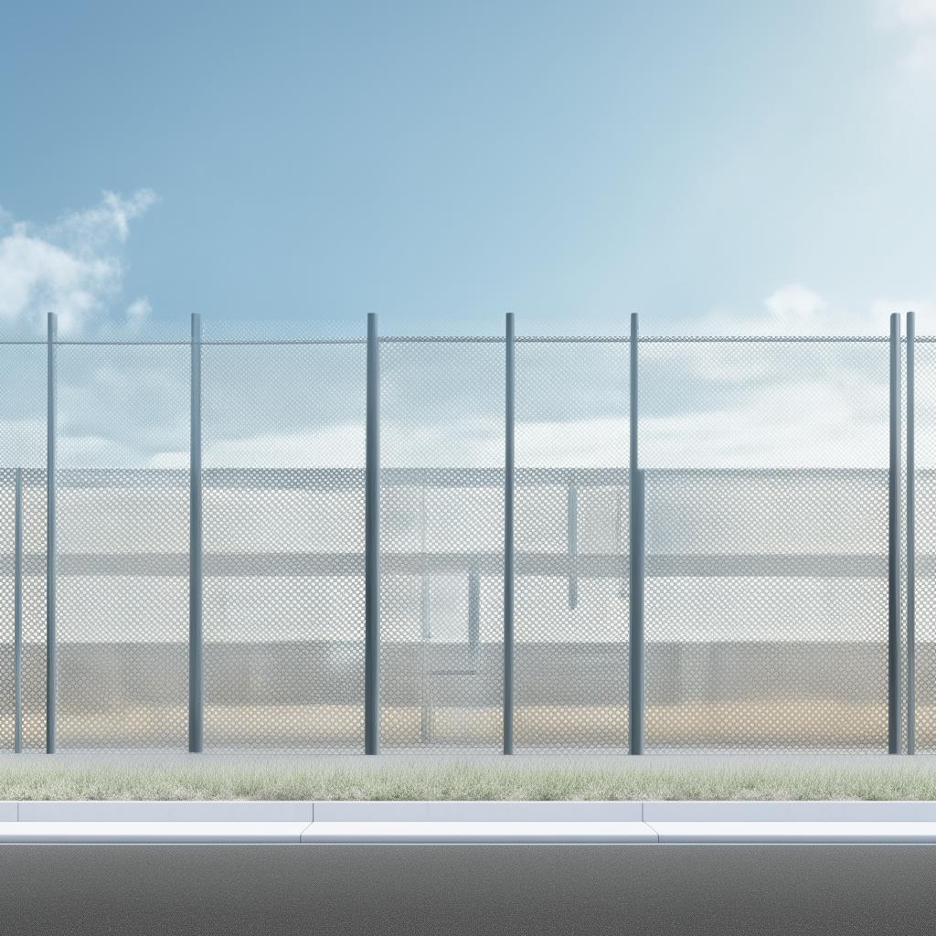 front view of gauze perimeter fence by paved road of futuristic maximum-security penitentiary with cameras in broad daylight based on https://files.dreamhome.software/files/static/37174