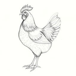 A beautiful, intricate pencil sketch of a chicken, showcasing detailed feathers and elegant posture