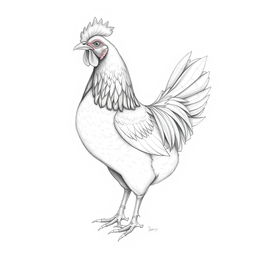 A beautiful, intricate pencil sketch of a chicken, showcasing detailed feathers and elegant posture