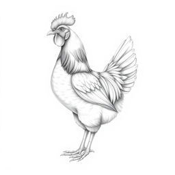 A beautiful, intricate pencil sketch of a chicken, showcasing detailed feathers and elegant posture