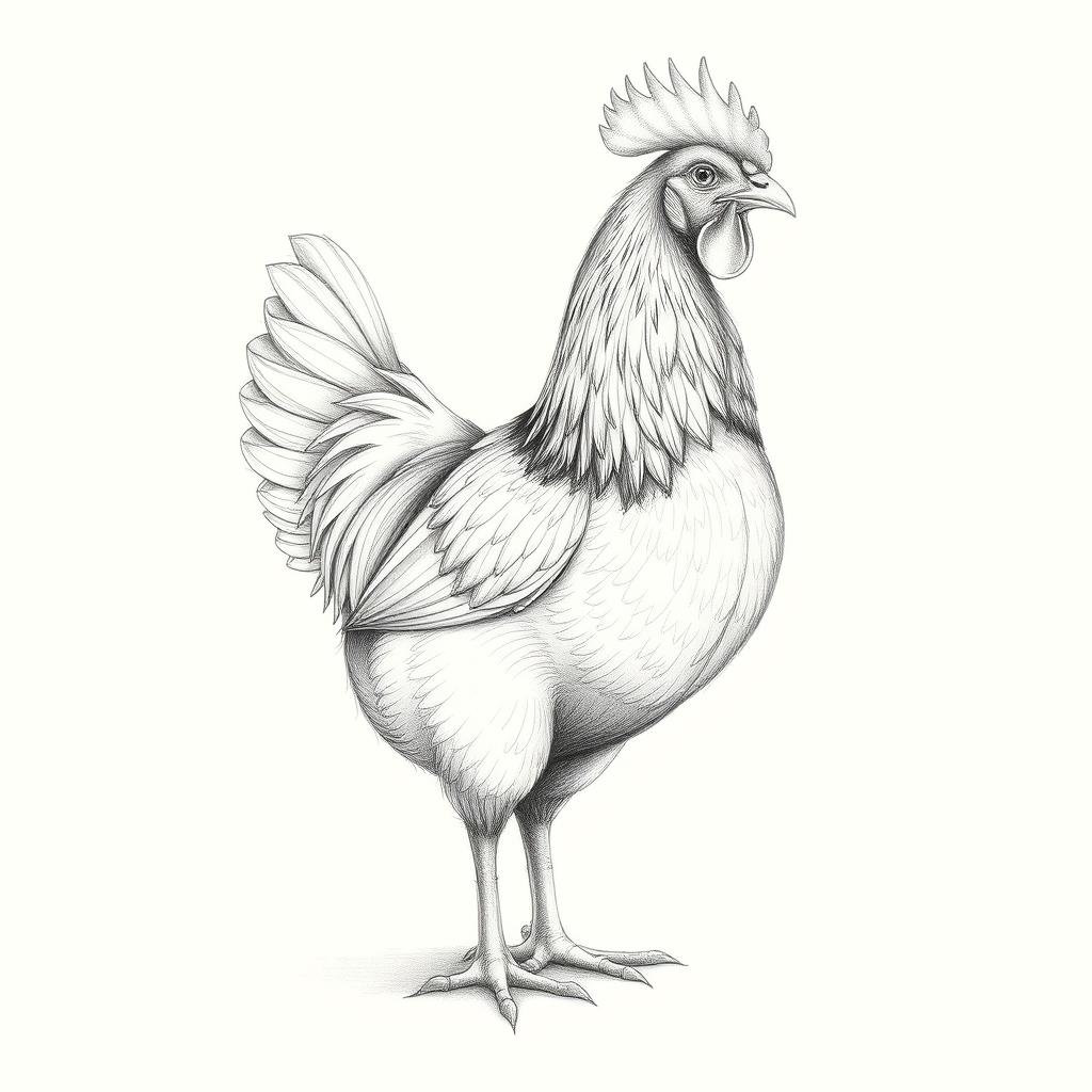 A beautiful, intricate pencil sketch of a chicken, showcasing detailed feathers and elegant posture