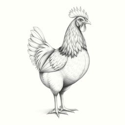 A beautiful, intricate pencil sketch of a chicken, showcasing detailed feathers and elegant posture