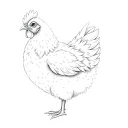 A beautifully detailed illustration of a fluffy hen, rendered in pencil with delicate line work