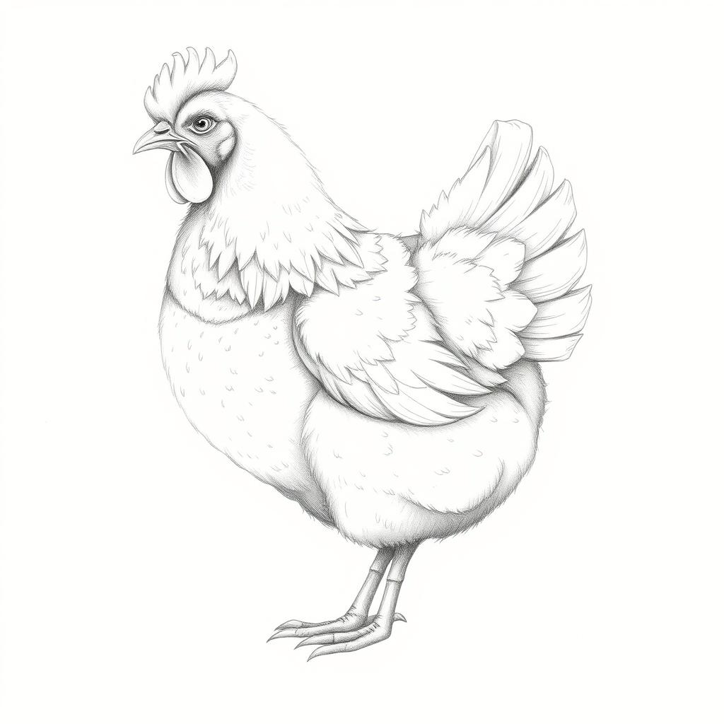 A beautifully detailed illustration of a fluffy hen, rendered in pencil with delicate line work