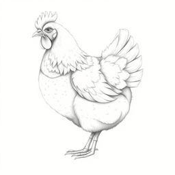 A beautifully detailed illustration of a fluffy hen, rendered in pencil with delicate line work