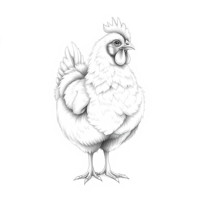 A beautifully detailed illustration of a fluffy hen, rendered in pencil with delicate line work