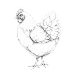 A beautifully detailed illustration of a fluffy hen, rendered in pencil with delicate line work