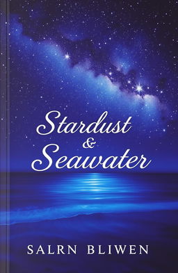 A captivating romance novel cover featuring a stunning view of a starry night sky filled with twinkling stars, casting a magical glow on the serene blue sea water below