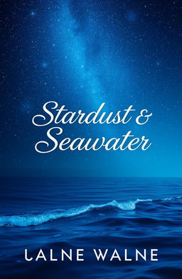 A captivating romance novel cover featuring a stunning view of a starry night sky filled with twinkling stars, casting a magical glow on the serene blue sea water below