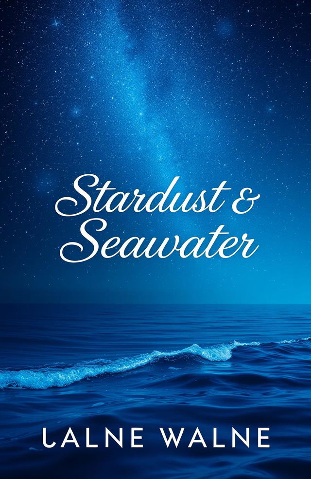 A captivating romance novel cover featuring a stunning view of a starry night sky filled with twinkling stars, casting a magical glow on the serene blue sea water below