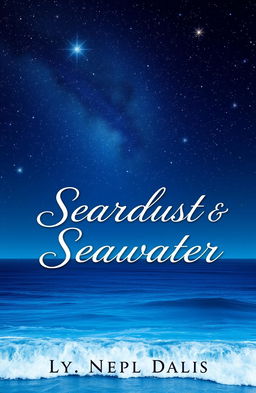 A captivating romance novel cover featuring a stunning view of a starry night sky filled with twinkling stars, casting a magical glow on the serene blue sea water below