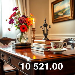A detailed close-up of a vintage wooden table displaying an assortment of artistic items: an elegant vase filled with vibrant flowers, an ornate candle holder with a lit candle casting a warm glow, a stack of classic books with intricate covers, and a delicate, hand-painted porcelain tea cup adorned with floral motifs