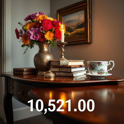 A detailed close-up of a vintage wooden table displaying an assortment of artistic items: an elegant vase filled with vibrant flowers, an ornate candle holder with a lit candle casting a warm glow, a stack of classic books with intricate covers, and a delicate, hand-painted porcelain tea cup adorned with floral motifs