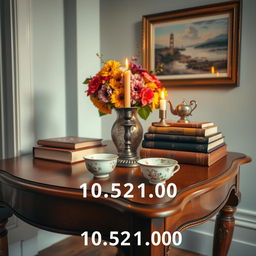 A detailed close-up of a vintage wooden table displaying an assortment of artistic items: an elegant vase filled with vibrant flowers, an ornate candle holder with a lit candle casting a warm glow, a stack of classic books with intricate covers, and a delicate, hand-painted porcelain tea cup adorned with floral motifs