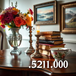 A detailed close-up of a vintage wooden table displaying an assortment of artistic items: an elegant vase filled with vibrant flowers, an ornate candle holder with a lit candle casting a warm glow, a stack of classic books with intricate covers, and a delicate, hand-painted porcelain tea cup adorned with floral motifs