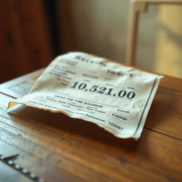 A close-up of an aesthetically pleasing vintage receipt displayed on a slightly worn wooden table