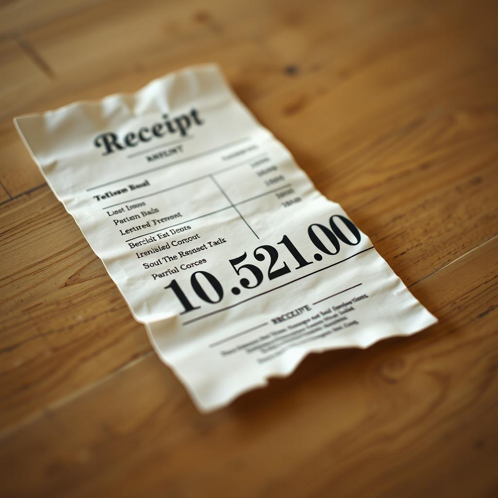 A close-up of an aesthetically pleasing vintage receipt displayed on a slightly worn wooden table