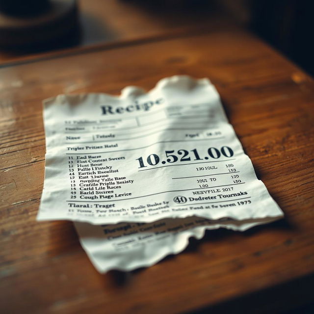 A close-up of an aesthetically pleasing vintage receipt displayed on a slightly worn wooden table