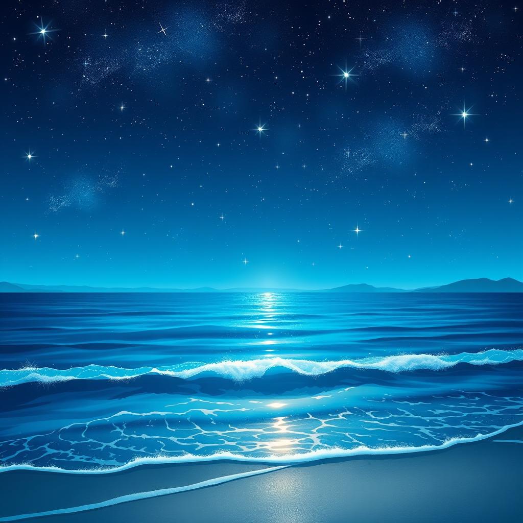 A breathtaking visual illustration depicting a serene yet captivating scene where the stars twinkle vibrantly in the night sky above a tranquil sea