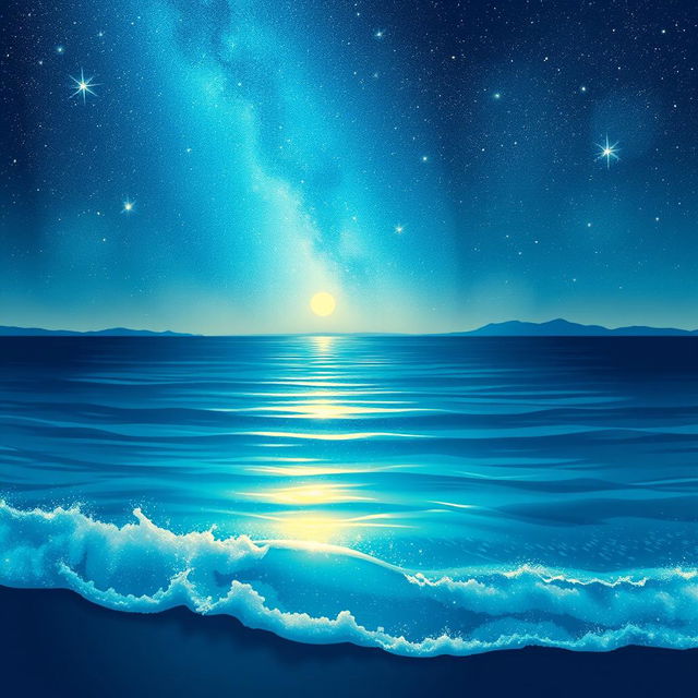 A breathtaking visual illustration depicting a serene yet captivating scene where the stars twinkle vibrantly in the night sky above a tranquil sea